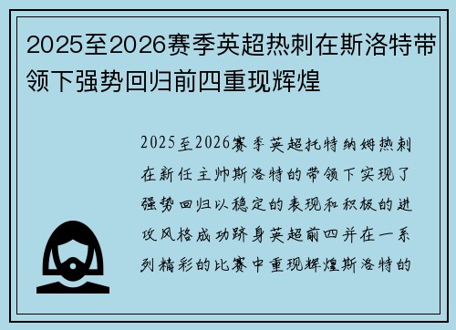 2025至2026赛季英超热刺在斯洛特带领下强势回归前四重现辉煌