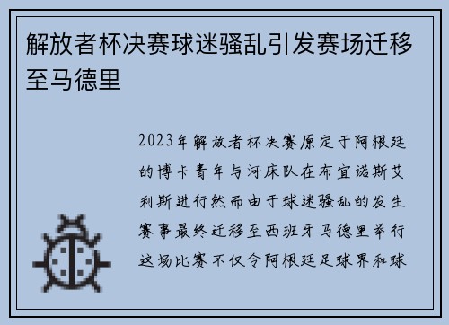 解放者杯决赛球迷骚乱引发赛场迁移至马德里